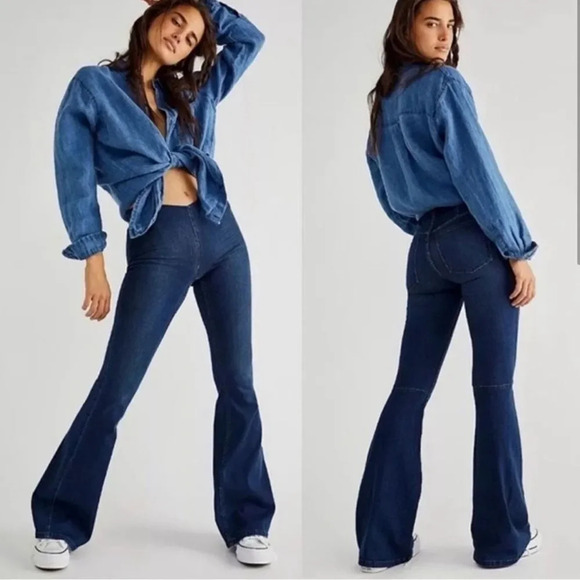 Free People Flare Penny Pull On Denim Jean in Rich Blue - Picture 4 of 13